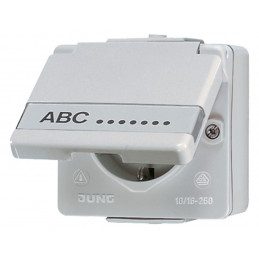 Priză SCHUKO aparentă cu capac IP44 cu etichetă, 16 A 250 V , AP 600, alb alpin JUNG 620NAW